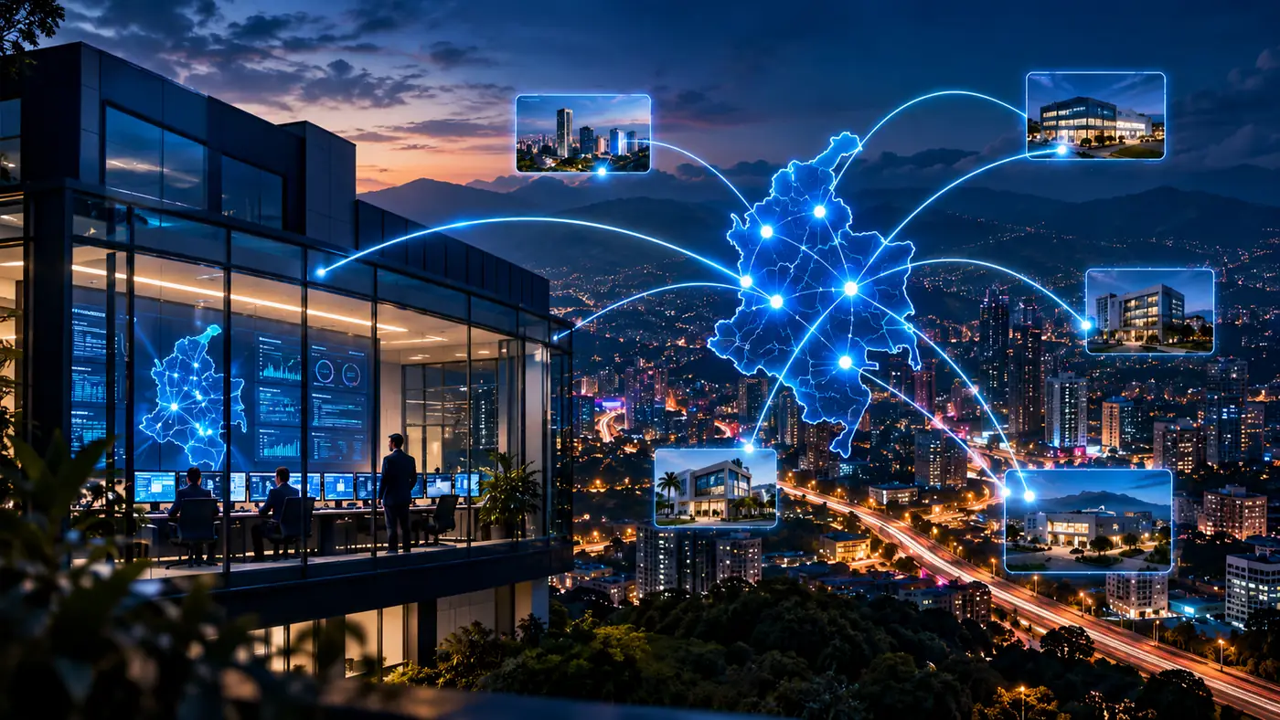 Centro de operaciones junto a un mapa de Colombia con arcos de luz que conectan las sedes de los clientes