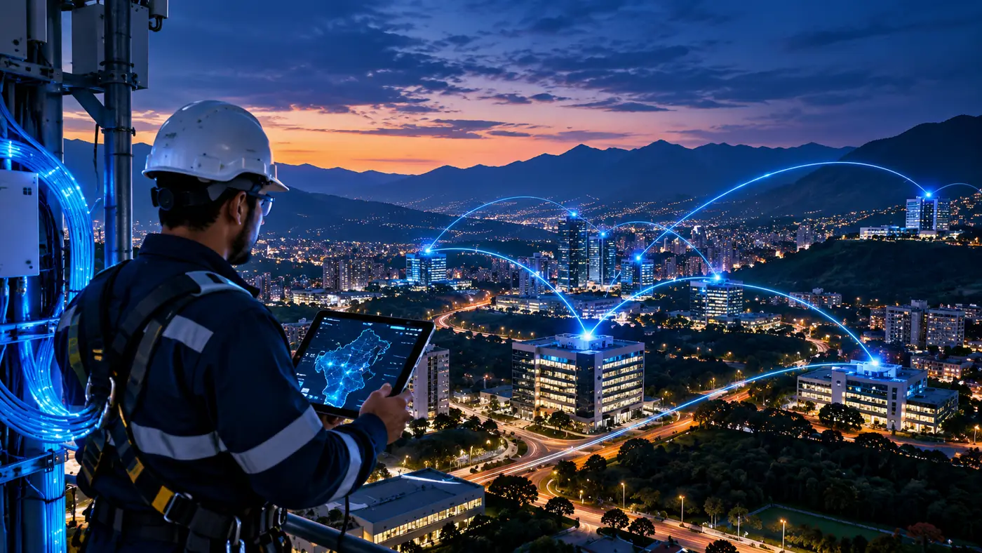 Técnico con casco y tableta frente a una torre, con la red de fibra iluminada sobre la ciudad al atardecer