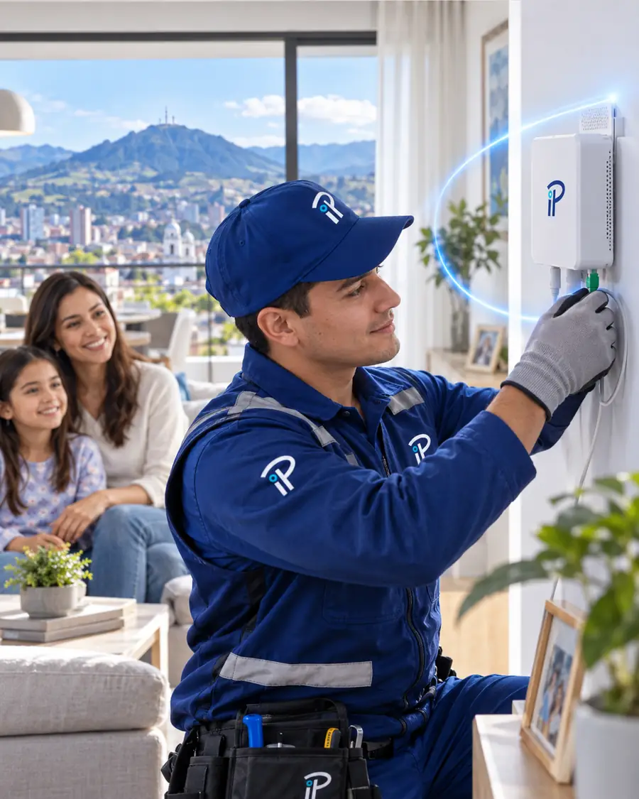 Técnico de IP Technologies instalando un equipo de fibra óptica en la pared de una vivienda mientras una familia observa