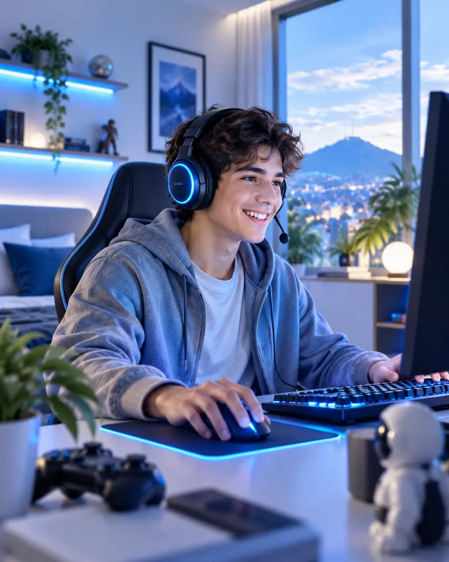 Joven jugando en línea con audífonos en su habitación
