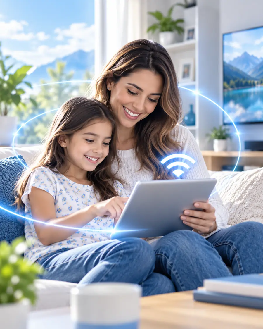 Madre e hija usando una tableta en el sofá con el ícono de WiFi sobre ellas