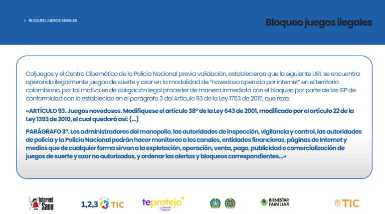 Ejemplo de la página de bloqueo por juegos ilegales en línea