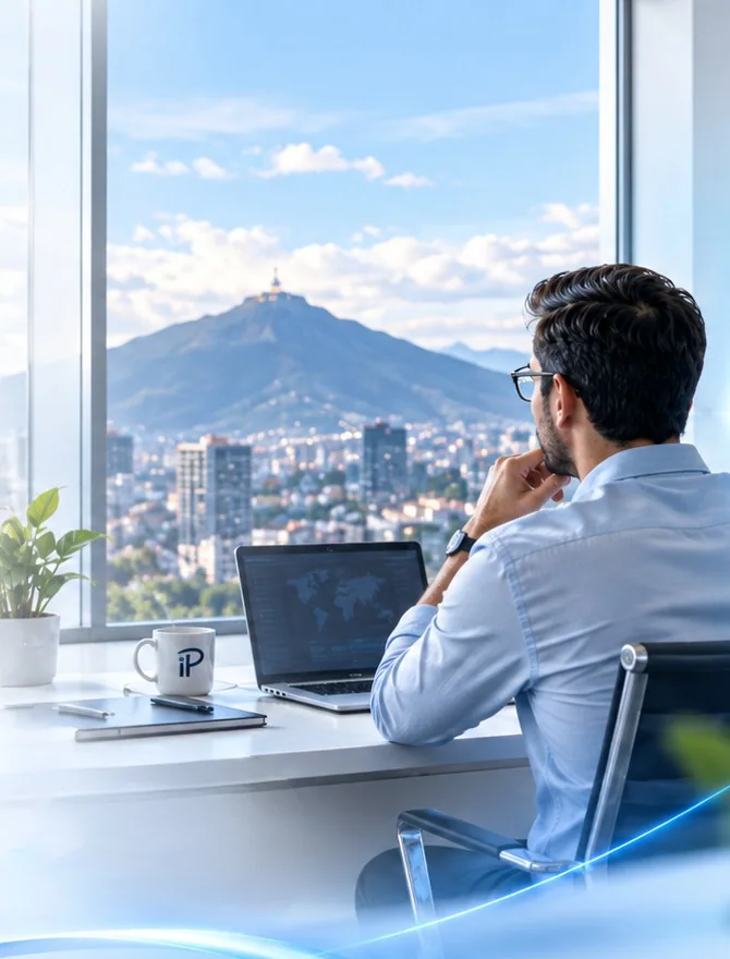 Profesional frente a un ventanal con vista a la ciudad y a las montañas